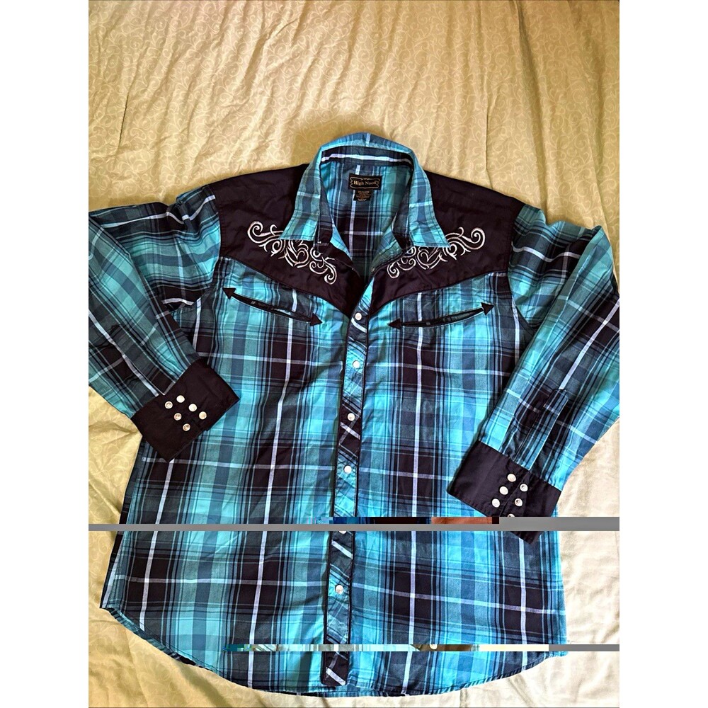 VTG High Noon Men's XL Blue/Black Plaid Western Snap Button-Up Shirt Embroidered